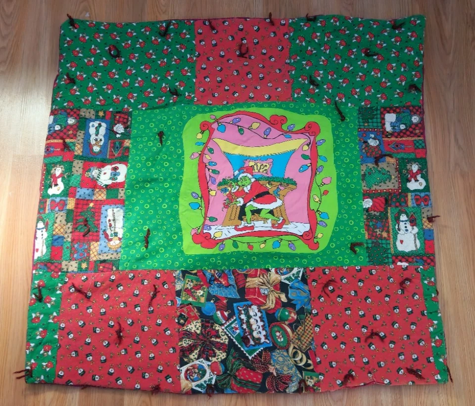 Рождественское винтажное одеяло ручной работы Dr Seuss Holiday Grinch 34 x 34 дюйма - Изображение 2 из 3