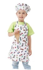 Kids Apron and Chef Hat Set, Children's Kitchen Cooking L 6-12 Year Car White