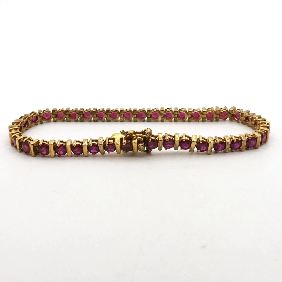 6 TCW Round Cut Lab Created Ruby Bar Set Tennis Bracelet 14k Yellow Gold Plated - Image 3 of 4