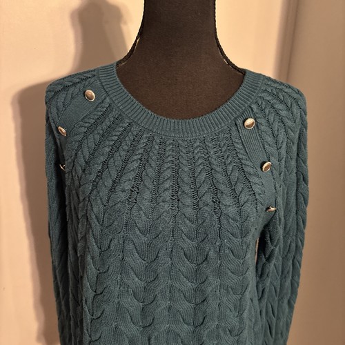 Talbots Knopf Schulter Raglan Zopfmuster Pullover Damen M türkis grob weich - Bild 6 von 13