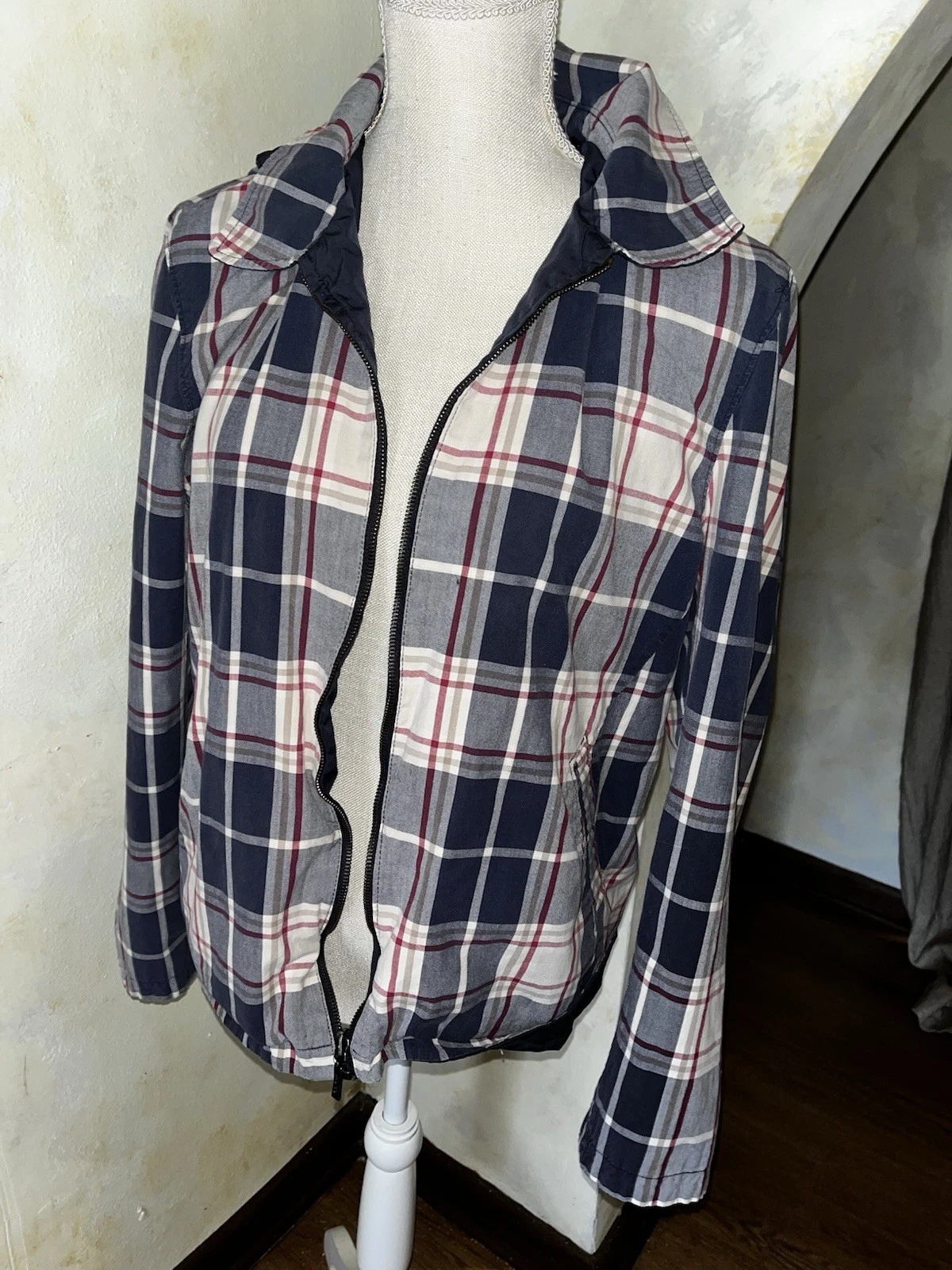 Women’s Vtg Sz M Plaid Hooded Windbreaker Jacket Full Zip 1 Madison Navy Red