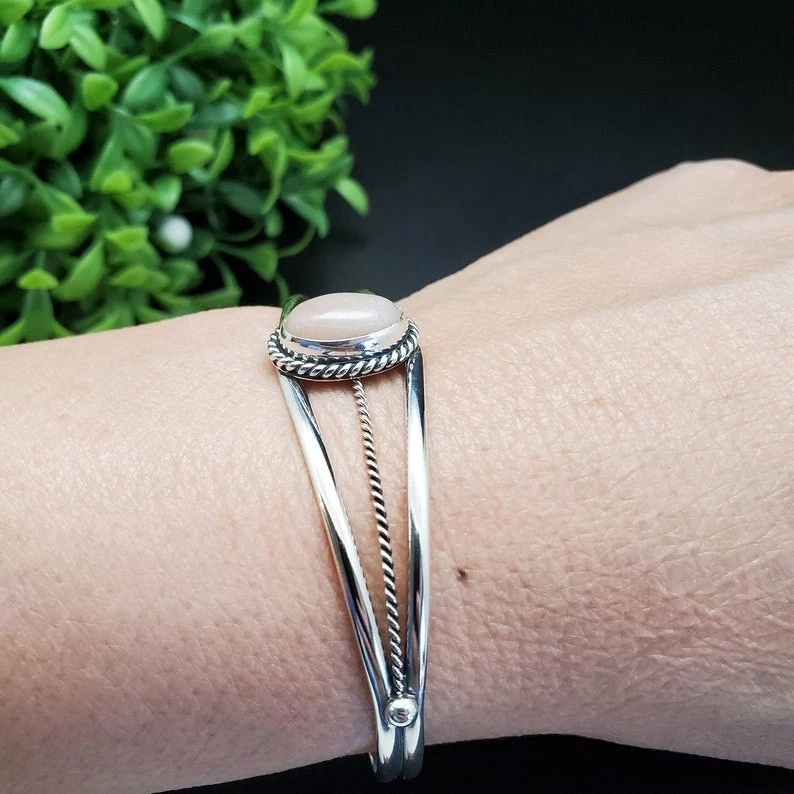 Brazalete brazalete de plata esterlina 925 rosa cuarzo piedras preciosas joyería talla ADJ Foto 4 de 4