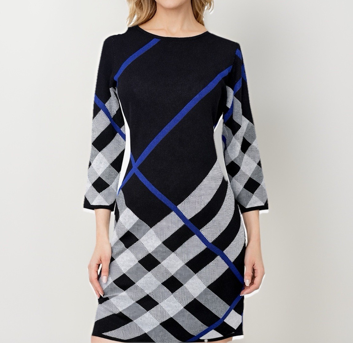 Vestido recto tejido geométrico clásico Nina Leonard nuevo con etiquetas para mujer S negro oscuro academia