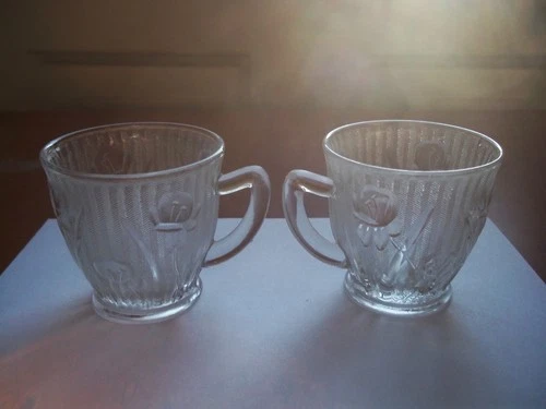 2  Depression Jeannette Iris & Herringbone Clear Glass Demitasse Cups 2.25"