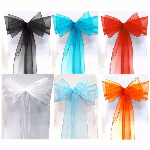 25 X Organza Bows Chair Sashes Wedding Engagement Black White Silver Seat Bow - Picture 2 of 14
