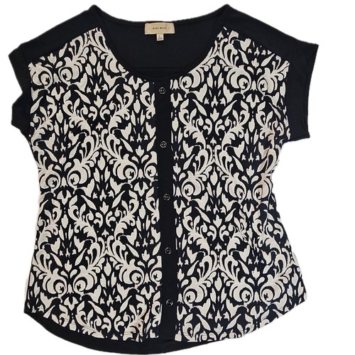 Diana Belle Shirt Womens Large Black White Scroll Print Button Front Top Blouse