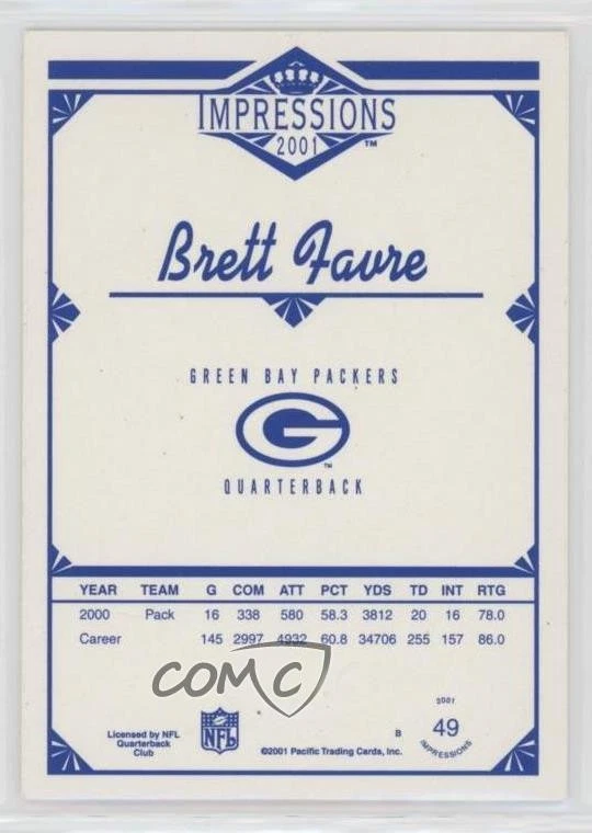 2001 Pacific Impressions Retail Blue Back Brett Favre #49 HOF - Image 2 of 2