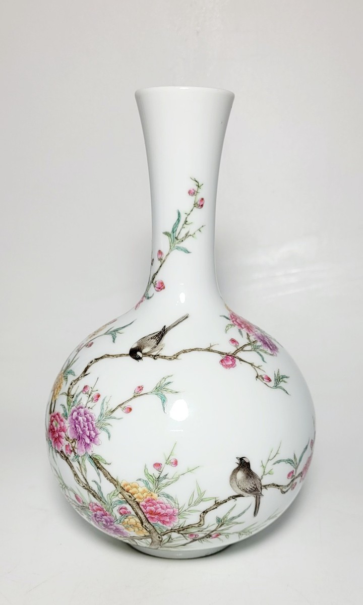 INV121 (Tested) Famille Rose birds and peonies globular vase