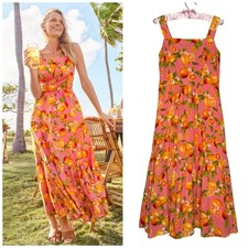 NWT Talbots Maxi Dress Womens 10 Petite Pink Lemon Oranges Smocked Tiered Ruffle