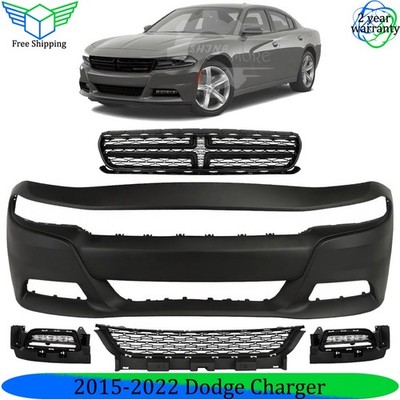 Front Bumper Cover Primed Plastic & Fog Lights Kit For 2015-2022 Dodge Charger