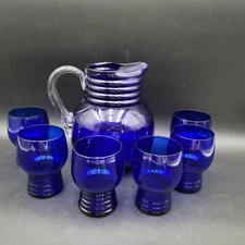 Vintage c.1930's Imperial Cobalt Blue Glass Shaeffer 6 Tumblers and Pitcher Set