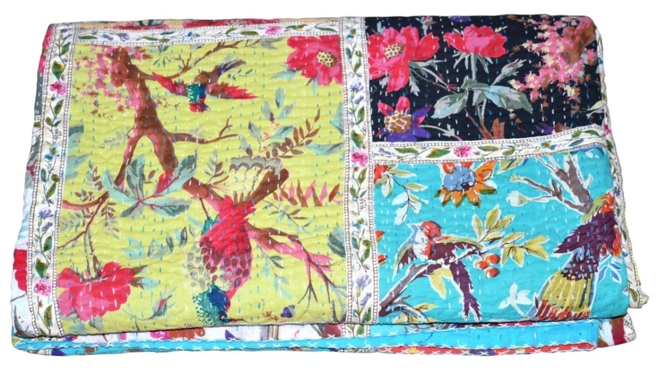 Colcha Kantha de algodón indio con estampado de pájaros retazos arte étnico vintage Foto 2 de 4