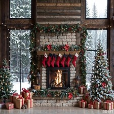 10'x10'Computer-painted Xmas Fireplace Tree Gift Scene background backdrop SD171