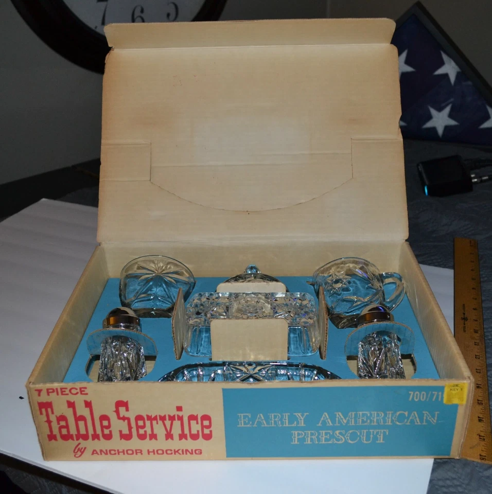 VTG 1950s MIB NOS Anchor Hocking 7 Piece Table Service Early American Prescut - Image 4 of 4