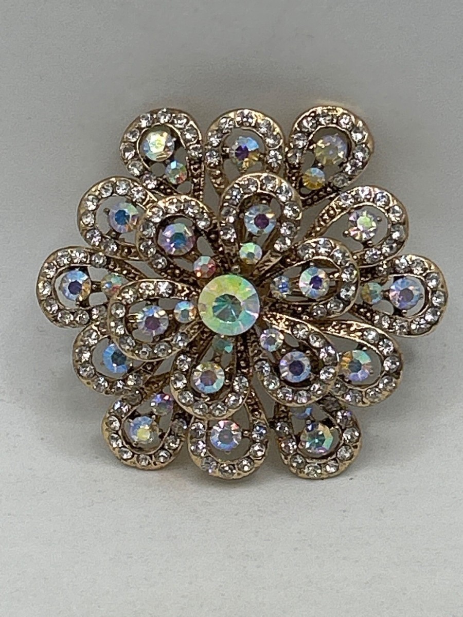 Vintage Crystal Rhinestone Brooch Pin With Floral Design  display picture 1