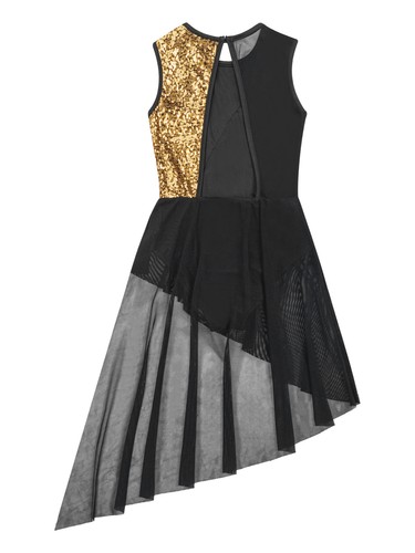 UK Girl Sleeveless Shiny Sequins Lyrical Ballet Dance Dress Mesh Patchwork Dress - Picture 9 of 65