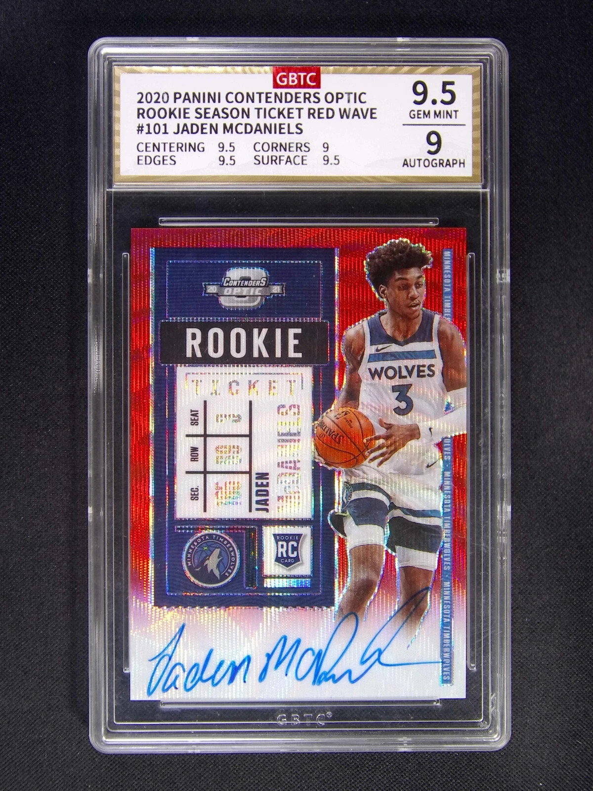 2020-21 Contenders Optic Jaden McDaniels #101 Auto Red Wave Rookie Ticket