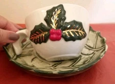 Holly Cup & Saucer Decorative Christmas Holiday 2 Pieces Fired Gold Trim