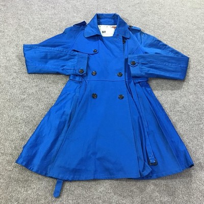 SLY Trench Coat Womens 2 Blue Cotton Belted Double Breasted Flare Hem Lined