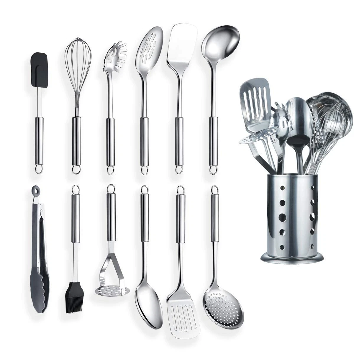 Cooking Utensil Set 13 Piece Stainless Steel Kitchen Tool Set with Holder Inc...