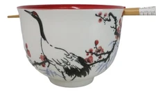 Japanese Crane On Cherry Blossoms Ceramic Donburi Ramen Bowl With Chopsticks Set