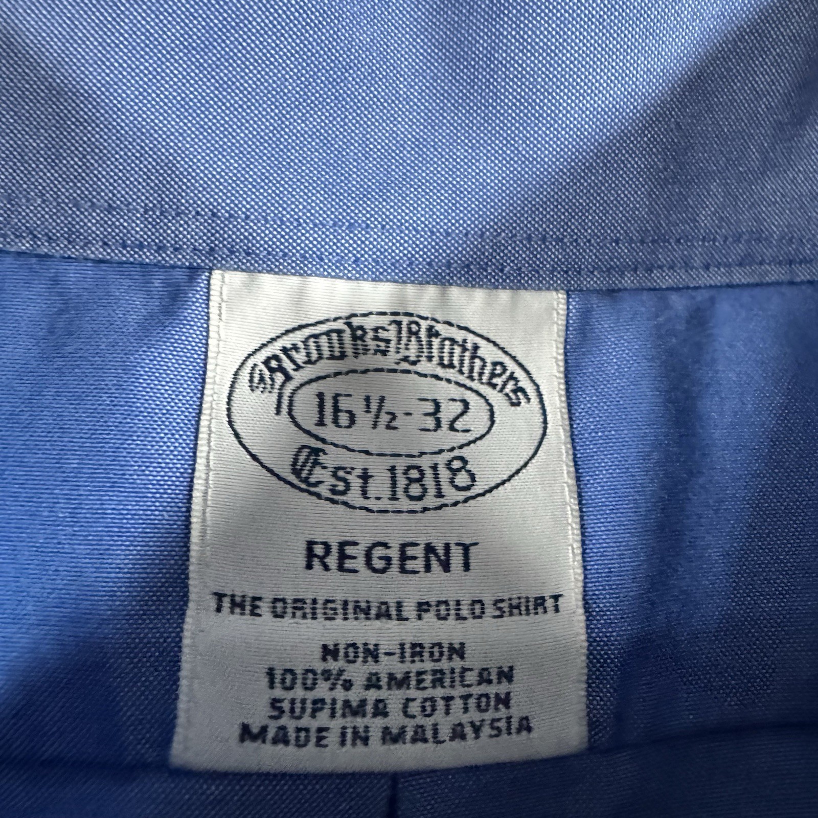 Brooks Brothers Dress Shirt Mens 16.5 32 Blue Solid Regent Non Iron Cotton