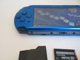 Vibrant Blue PSP 3000 Charger/data cable HQ bat, 64gb SANDISK w/ARK4 new GLASS