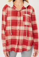 Women s Red Plaid Flannel Shirt Hoodie Sherpa Collar Button Down Cozy Size S