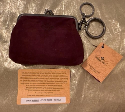 NWT Patricia Nash Nubuck Leather Frame Body Borse Coin Purse With Key Ring Plum
