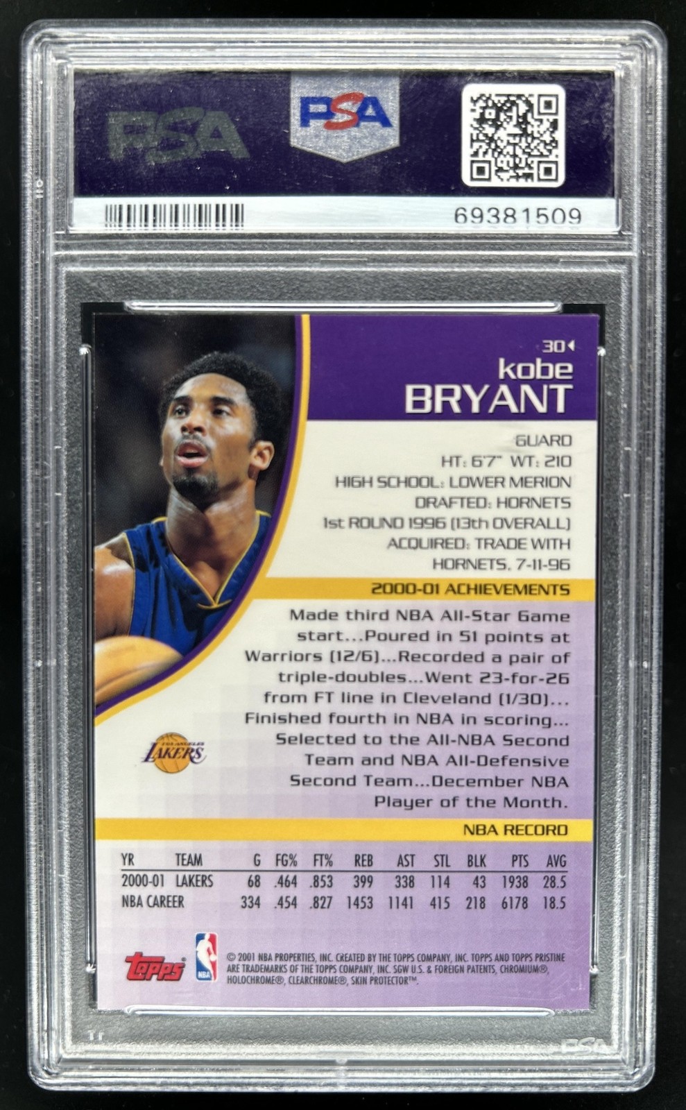 2001-02 Topps Pristine Kobe Bryant #30 Lakers PSA 9 view 2