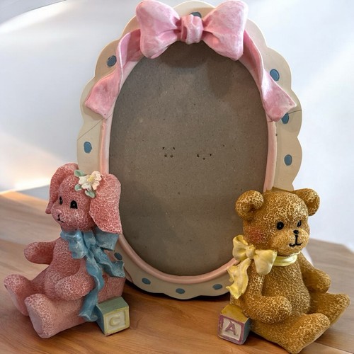 Vintage Baby’s Room Oval Picture Frame Pink Bow Bunny & Bear Fits 3x5 Cottage
