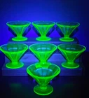 7 Vintage FEDERAL Uranium Glass Vaseline Paneled Footed Dessert Sherbet Cup