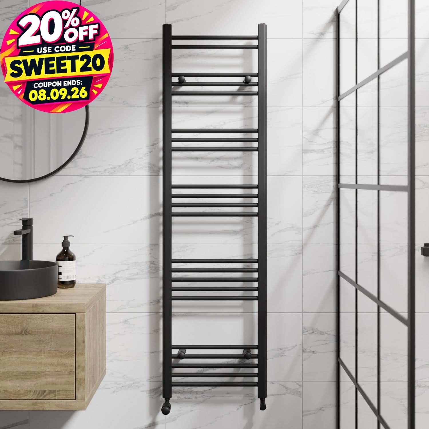 RadiLux Heated Towel Rail Matt Black 1600 x 450mm Flat