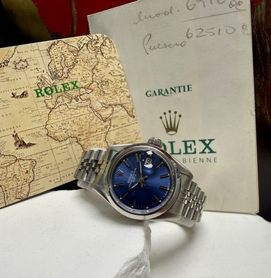 Ladies Rolex Oyster Perpetual Date Stainless Steel Blue Dial 6916 Watch + Papers