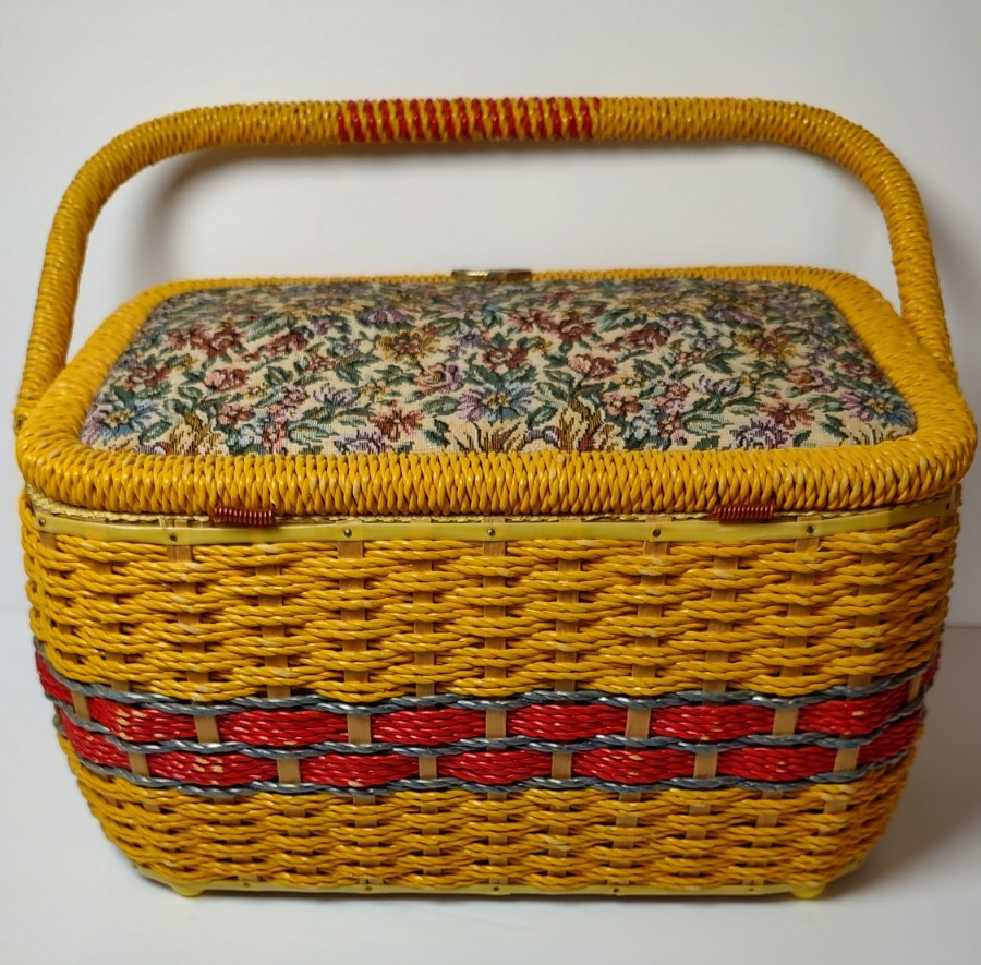 Vintage Woven Wicker Sewing Basket Box With Tapestry Floral Hinged Lid with Misc
