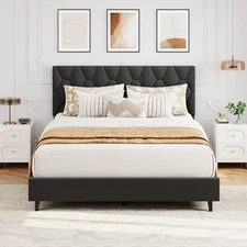 Full Size Bed Frame Headboard Upholstered Platform Bed Frame ,Strong Wood Slats