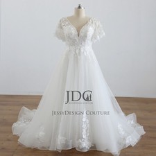 Hot Wedding Dress Bridal Gown Custom made 2-28W Plus Bishop Sleeves 3D Flowers