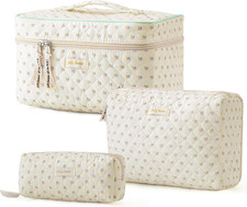 Quilted Makeup Bag, 3PCS Cotton Large Travel Makeup Bag, Cute Floral Coquette Ma
