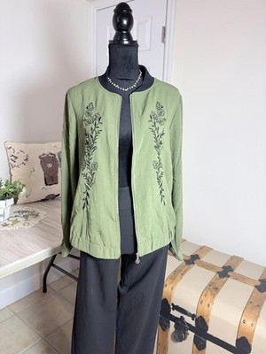 Adrienne Vittadini Olive Green Embroidered Full Zip Bomber Jacket Large L
