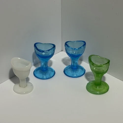 Lot of 4 VTG Glass Eye Wash Cups - Cobalt Blue, Milk Glass, Green Vaseline Style