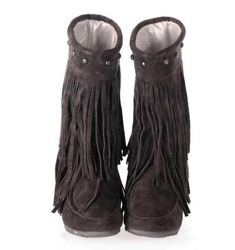 2025 女式铆钉流苏条纹中筒隐藏莫卡辛踝靴楔形鞋 — 第 2/4 张图片