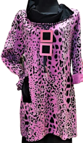 MEXXOO DESIGN: Tunika Long-Shirt BIG Leo-Print pink/schwarz Kragen Gr. 2 - Bild 1 von 7