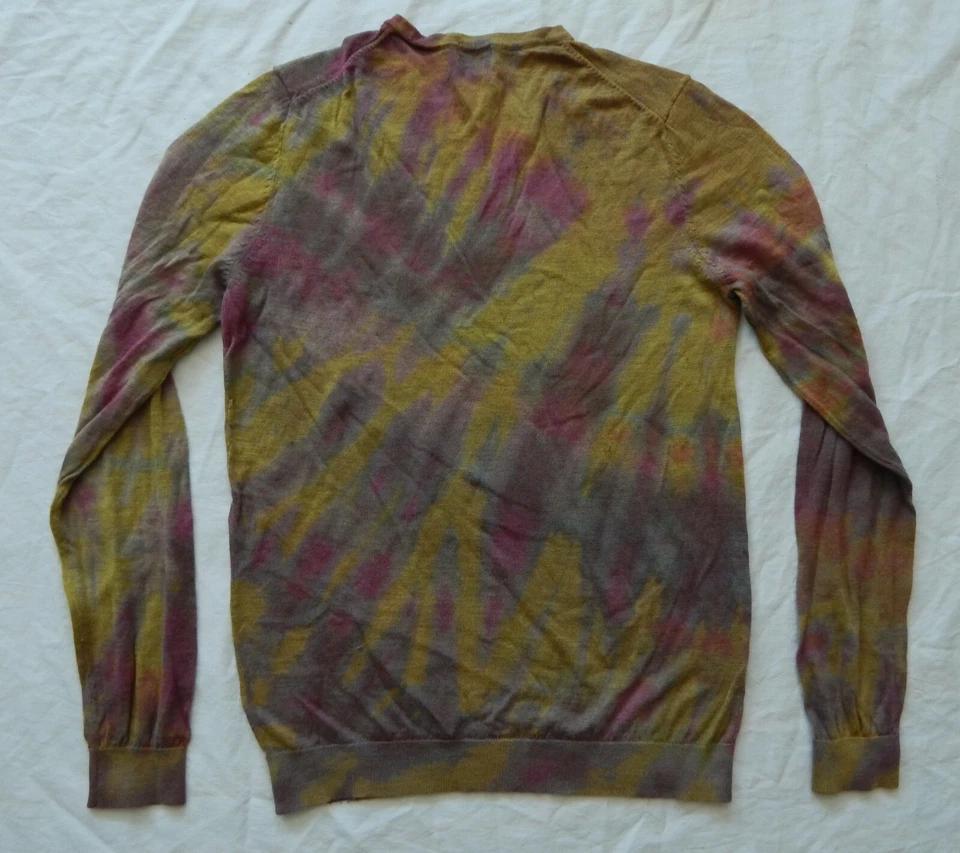 Tie Dye Yellow Purple Gray Wool V-Neck Sweater - Large Mens Hand Made - Image 3 of 4