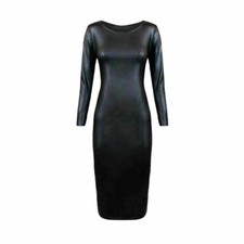 Womens Long Sleeve Faux Leather Bodycon Midi Dress-PVC Wet Look-Black-Party wear