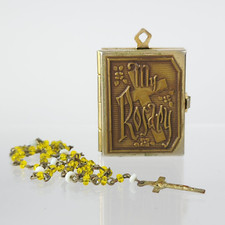Vintage My Rosary Book Locket Pendant & Miniature Rosary Childs Dolls Gold Tone