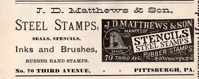 1887 JD Matthews & Son Steel Stamps Stencils Inks Brushes  PITTSBURG PA 1.5'' Ad