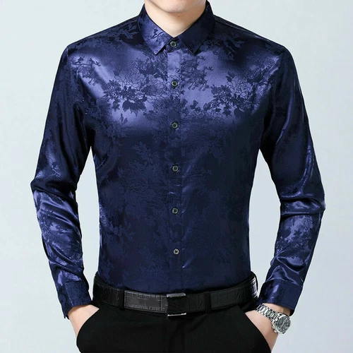 Men Silk Satin Flower Dress Shirt Fit Business Formal Long Sleeve Loose Top New - Picture 4 of 17