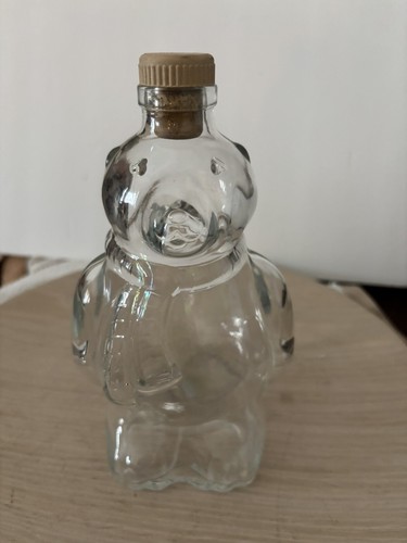 Vintage Bear Grizzly Clear Glass Maple Syrup Bottle figure with Cork Cap lid