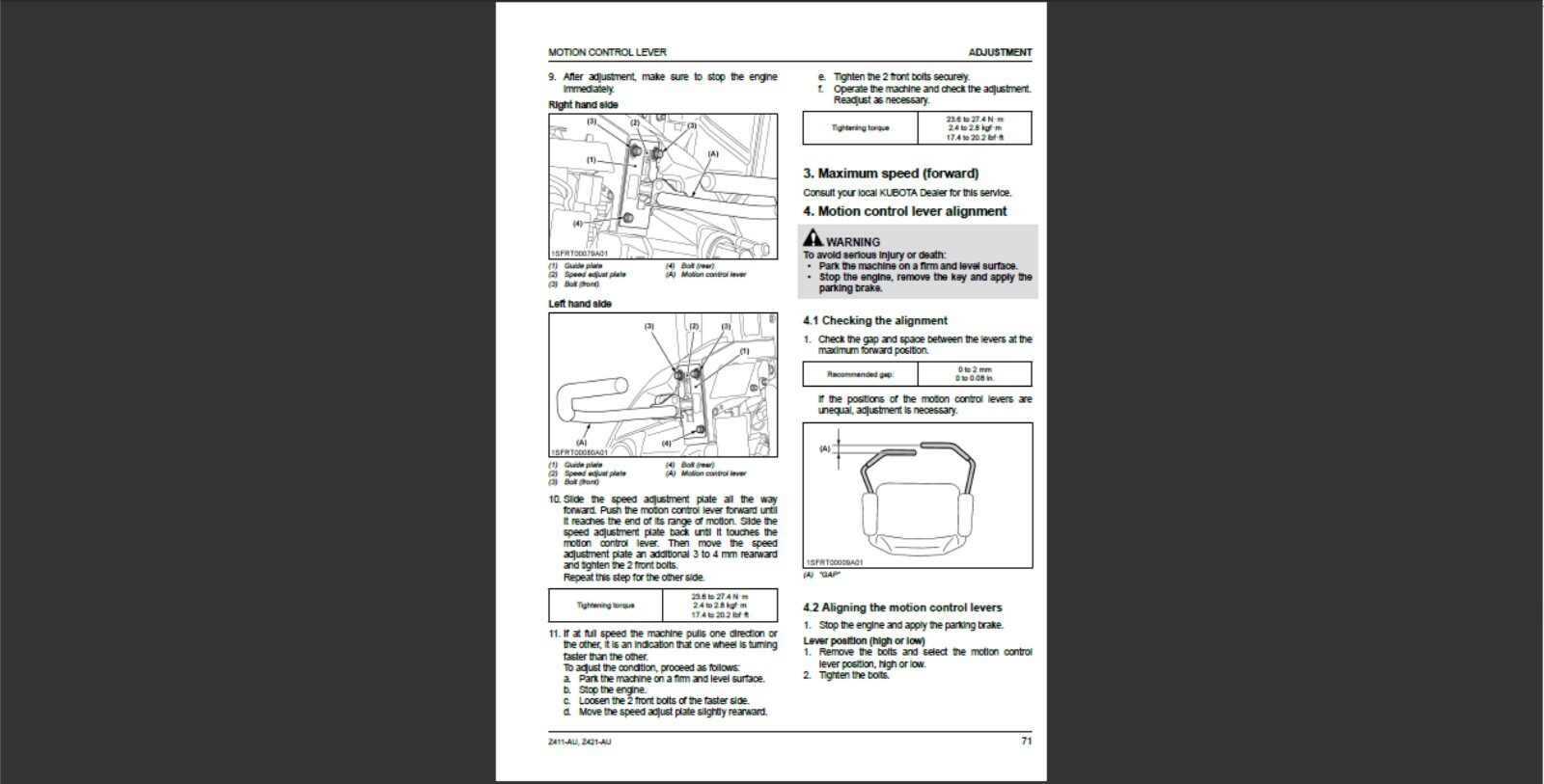 Kubota Zero Turn Mower models Z411AU and Z421AU Maintenance and Owner