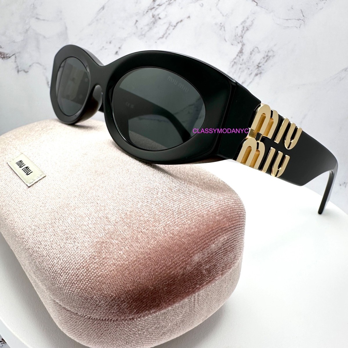 New MIU MIU Sunglasses Black Oval Gold Metal Logo 100% AUTHENTIC